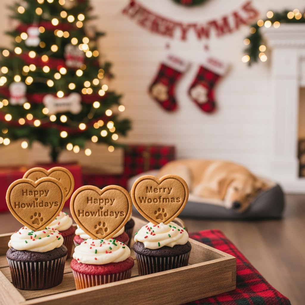 BAKERLOGY Paw-liday – Mini Dog Christmas Cookie Cutter and Stamp Set (2") – Happy Howlidays & Merry Woofmas Heart Designs for Pet Lovers, Holiday Baking and Edible Gifts