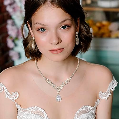Vista 3 de COCIDE Silver Jewelry Set for Women Crystal Tiara and Necklace Kit for Girls Rhinestone Crown Earrings Neck Accessories for Bride Wedding Birthday