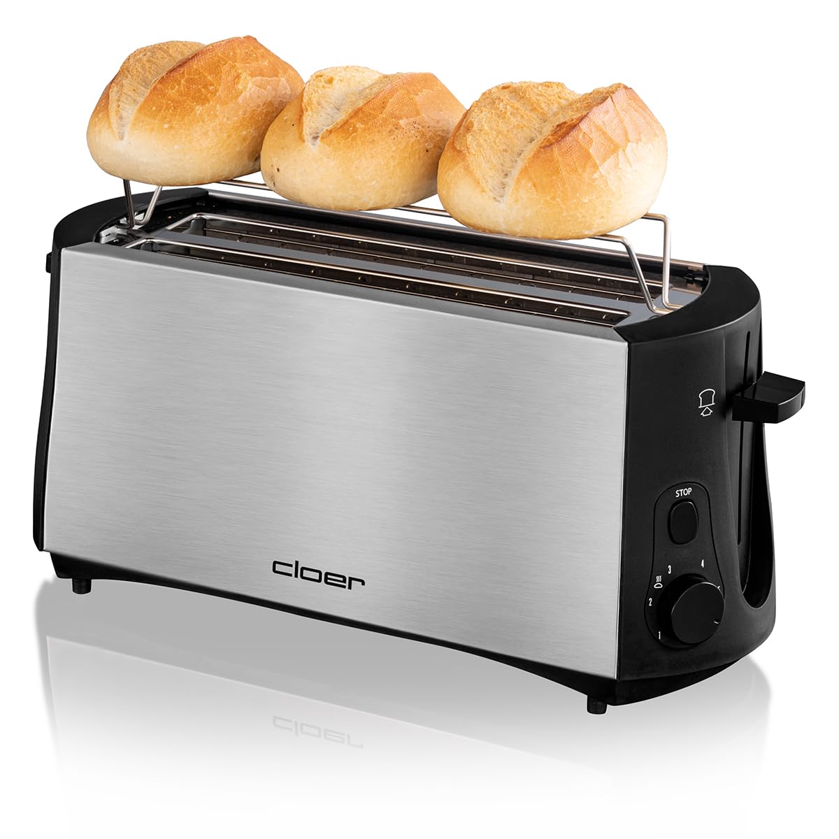 Cloer 3719 Langschlitztoaster für 4 Toastscheiben, 1380 W, integrierter Brötchenaufsatz, Nachhebevorrichtung, Krümelschublade, wärmeisoliertes Edelstahlgehäuse, schwarz/Edelstahl