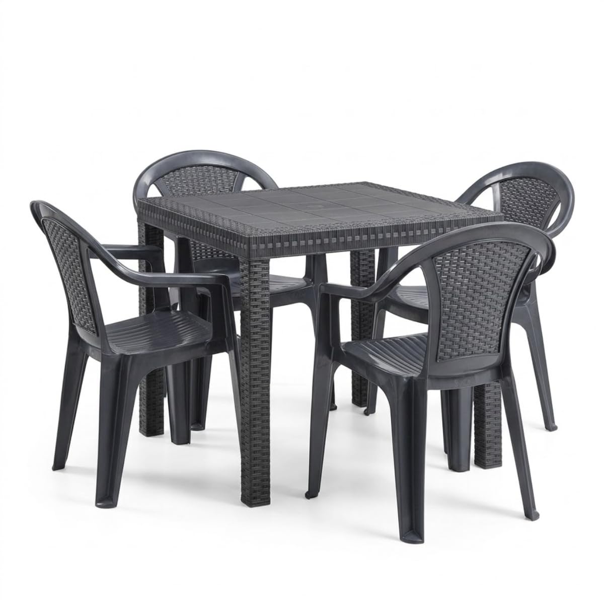 Tomaino - Set Tavolo con Sedie da Giardino in Plastica Effetto Rattan - Set da Pranzo Tavolo Quadrato con Foro Ombrellone e 4 Sedie Impilabili con Braccioli per Esterno, Terrazze, Bar, Ristoranti