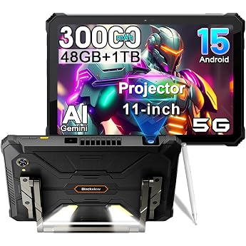 Blackview Active 12 Pro (48GB + 1TB) 5G Outdoor Tablet with Projectors, 30000 mAh Tablet 11 Inch FHD+, Android 15 Rugged Smar