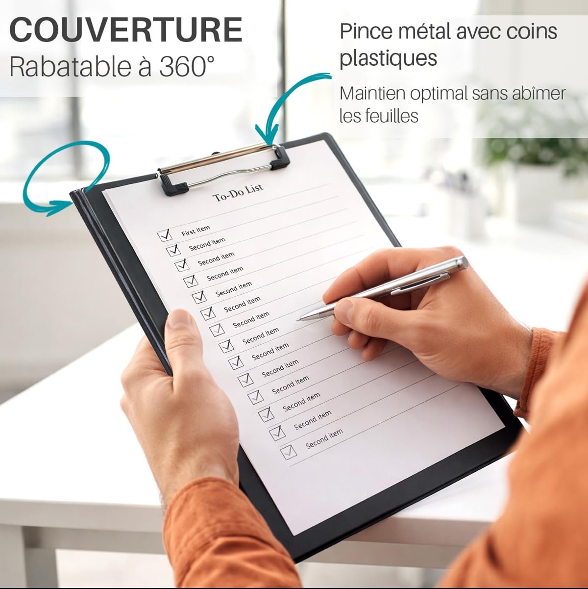 Portabloques A4 con solapa y pinza – Soporte rígido recubierto de PVC negro – Portadocumentos profesional con bolsa interior y gancho para colgar – Ideal para reuniones, astilleros, oficinas