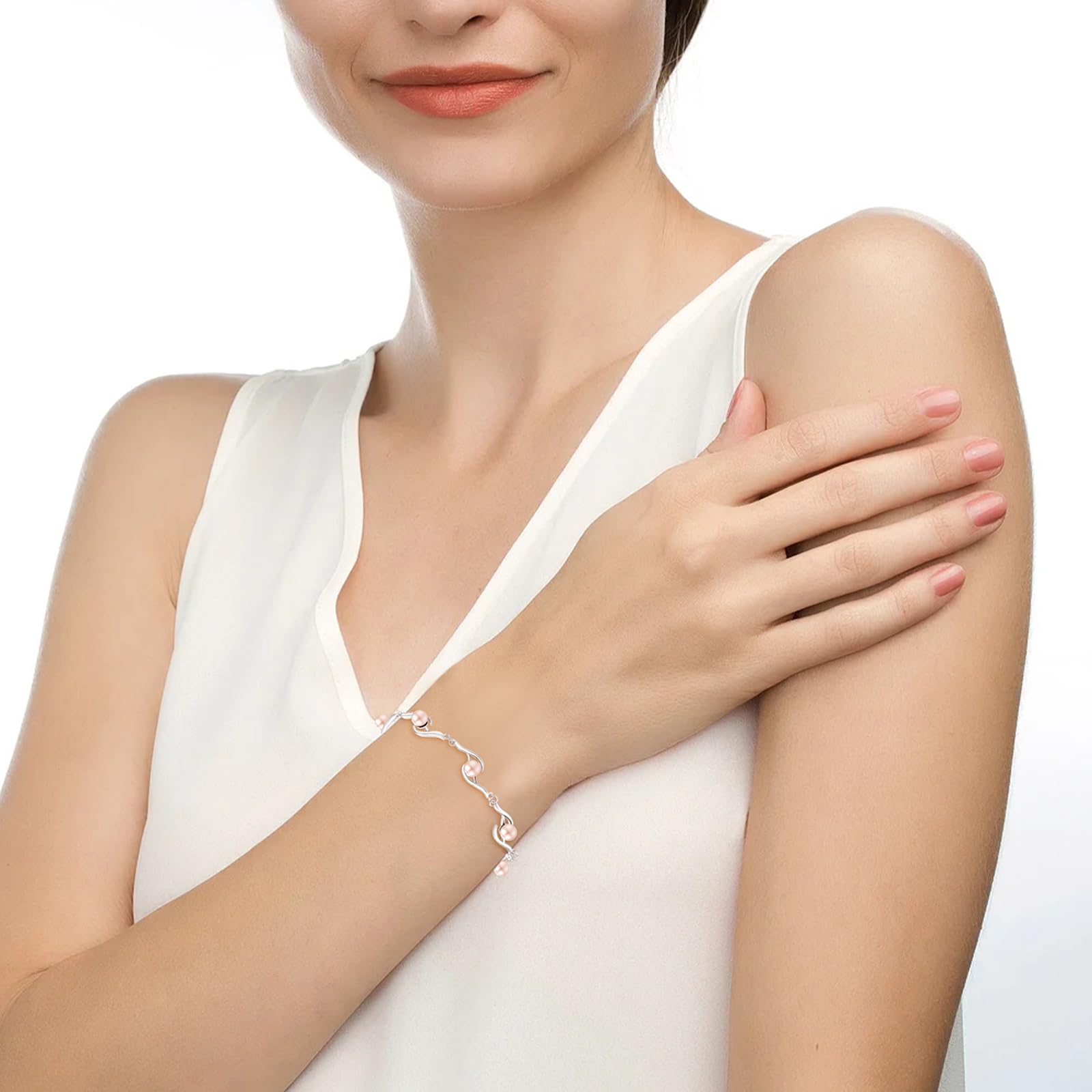 KINGWHYTE Perlenarmband für Damen 925 Sterling Silber Einstellbare Perlen Armband Jahrestag Geburtstag Schmuck Geschenke für Mädchen Ehefrau