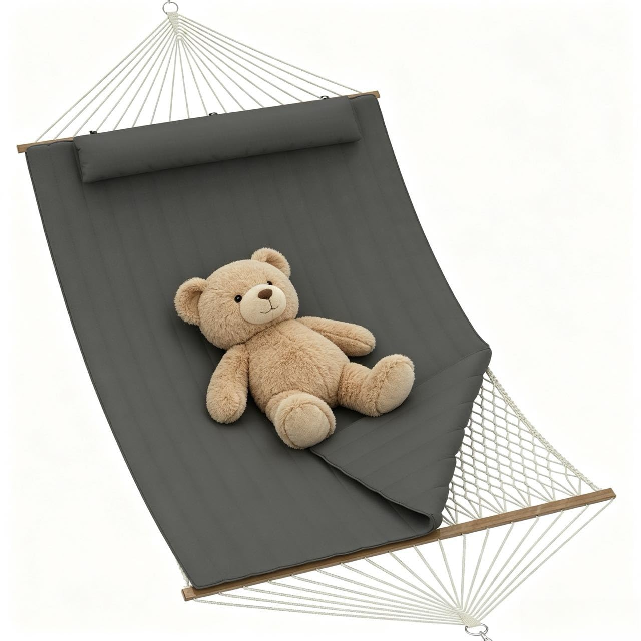 450Lbs Double Hammock for 2 Person, Quilted Garden Hammock with Wooden Spreader Bar & Detachable Pillow for Outdoor, Backyard, Beach, Grey