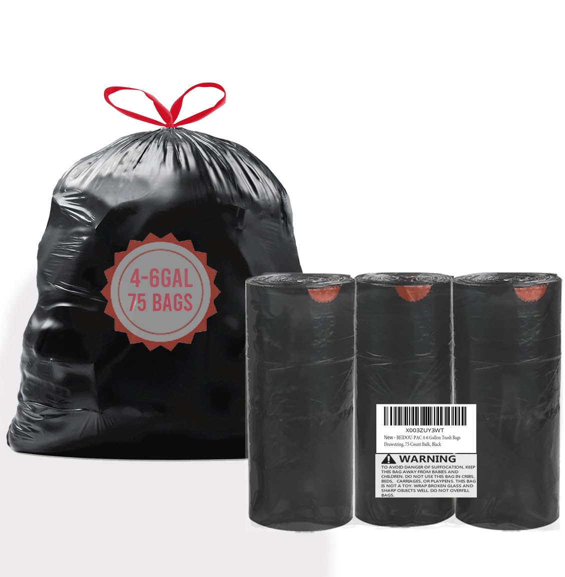 BEIDOU-PAC 4-6 Gallon Trash Bags Drawstring, 75 Count Bulk, Black & Unscented Multi-purpose Garbage Bags for Business Home Bathroom Kitchen Commercial