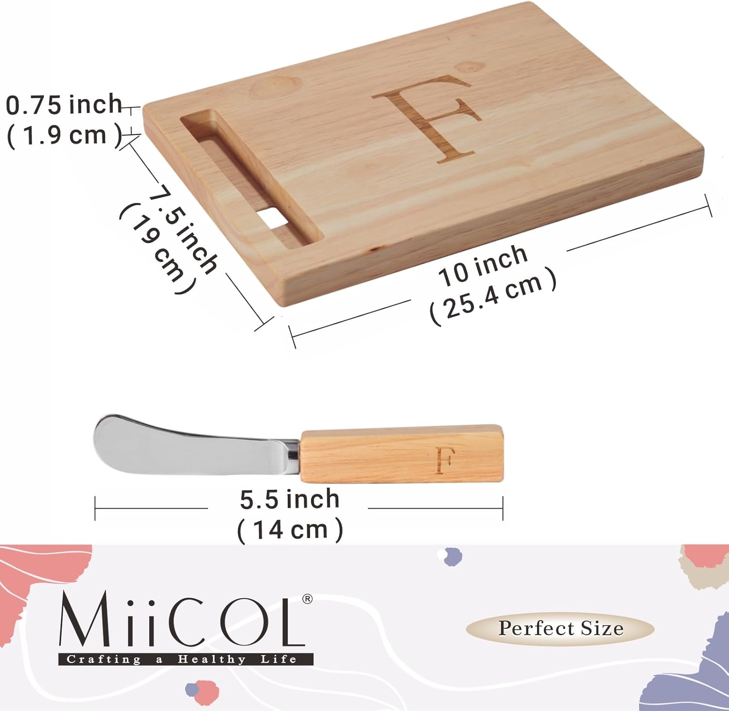 Miicol Wood Charcuterie Board, Monogram Cheese Board 10 Inch, Personalized Initial Cutting Board with Spreader, Unique Housewarming Gift, Ideal for Kitchen, Home, Letter F