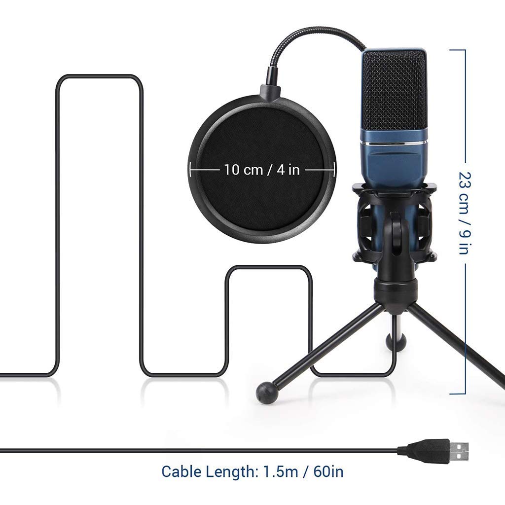 Microfono per PC, Microfono a condensatore USB per PC/Laptop Plug & Play con Filtro Anti-Pop a Doppio Strato e Supporto per treppiede per Registrazione in Studio, Trasmissione e gi,Blue