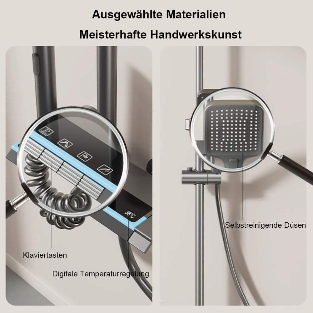 Saliscendi Doccia 4 Tasti, soffione Quadrato per Bagno Domestico | Finitura metallo grigio metallizzato, 4 modalità acqua a tasti,Soffione quadrato, altezza regolabile per bagno casa