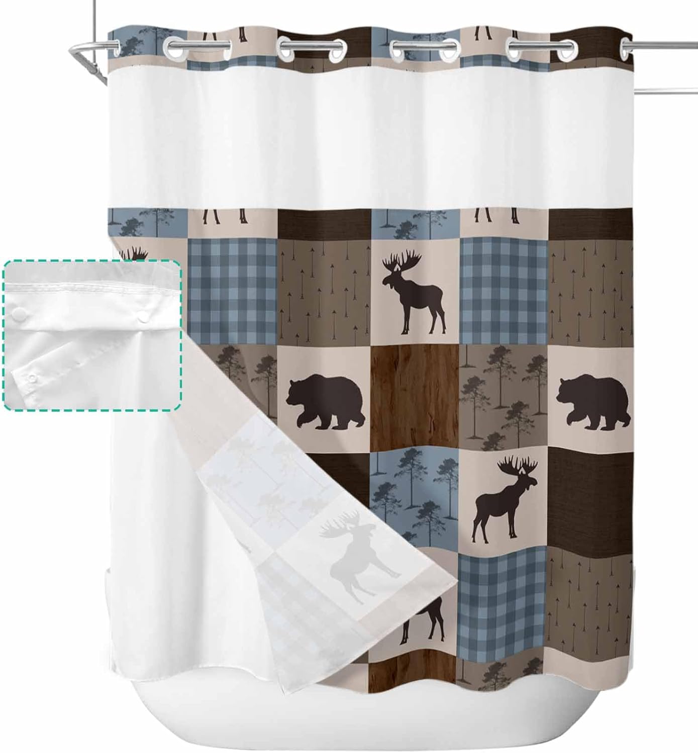 Chucoco No Hook Shower Curtain with Snap in Liner, Retro Deer Bear Plaid Check Waterproof Washable Bathroom Shower Curtains See Through Top Window, Abstract Patchwork Pattern Hotel Grade Bath Curtain