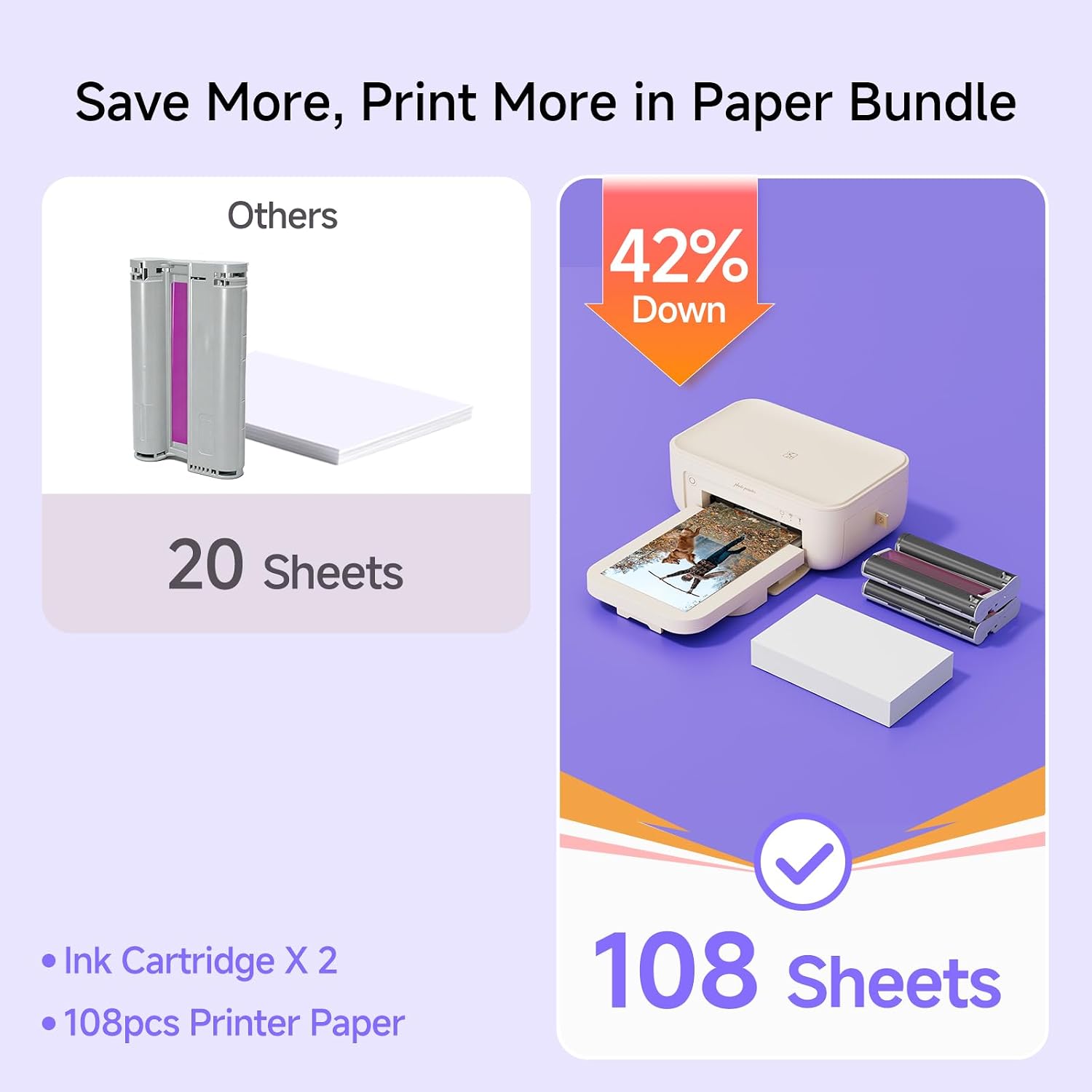 HPRT 4x6 Photo Printer for iPhone & Android, Beige 108 Sheets & 54 Sheets & 1 Ribbon Bundle image 2