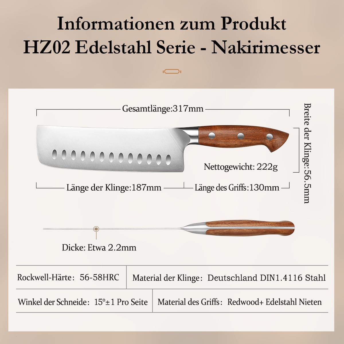 HEZHEN Rostfreier Stahl Nakiri Messer, Japanischer Stil Hackbeil Messer, Hartstahl Mehrzweckmesser Asiatisches Kochmesser Zum Schneiden von Fleisch und Gemüse，Griff aus Redwood