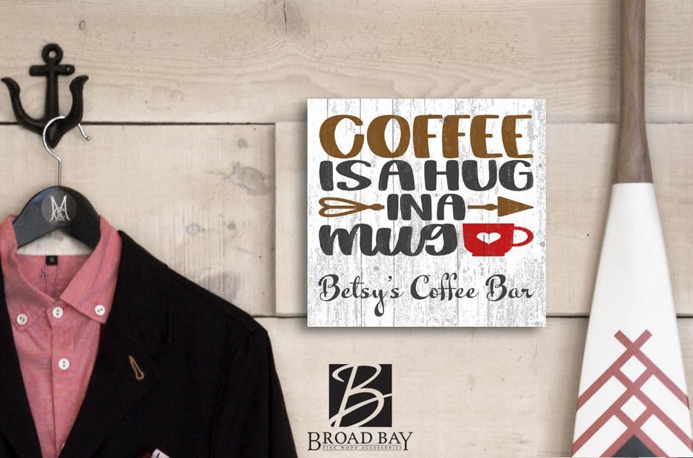 Custom Coffee Bar Sign for Kitchen or Coffee Bar PERSONALIZED Name Wood Wall Decor for Kitchen, Coffee Bar, Home, Office - Solid Wood - 10.5in x 10.5in (Coffee Is A Hug In A Mug)