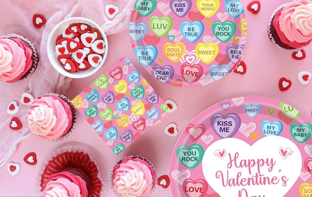 Valentine's Day Party Tableware Set Hearts Paper Plates Napkins for Happy Valentine's Day Colorful Hearts valentines day Decoration Serves 16 Guests