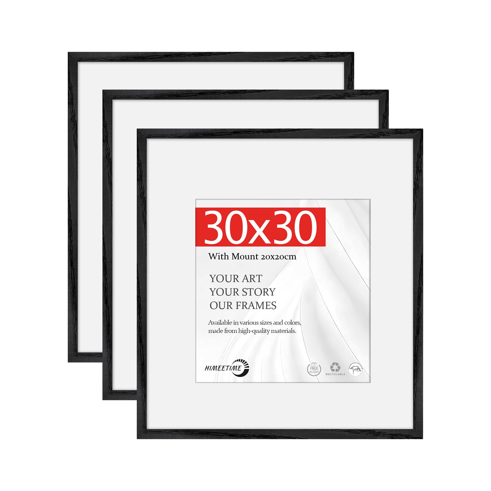 HIMEETIME® 3x 30x30cm Picture Frames | Black Obeche Wood | 20x20cm Mat Included | Medium Square Wooden Frame for Posters | Solid Wood Photo Frame — image 1