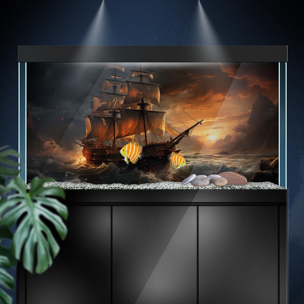 Aquarium Background Stickers - Ship, Ocean, Sunset, Wave, Self-Adhesive Fish Tank Reptile Terrarium Decor Poster (90 x 60 cm / (35.4 x 23.6 inches))