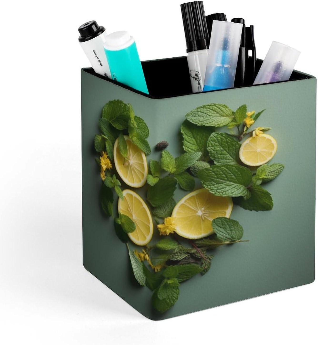 Square Pen Holder Mint Leaves And Lemon Desk Organizer Pencil Cup