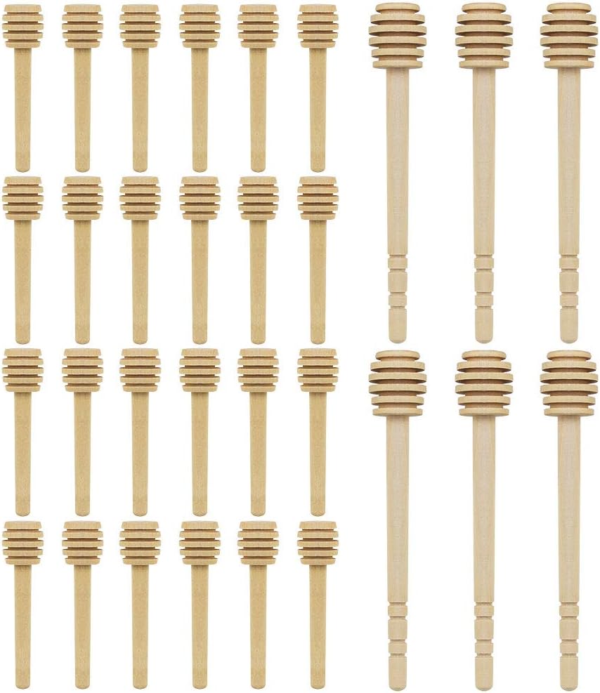 TANCUDER 30Pcs Honey Spoons,Wooden Honey Dipper Sticks Individually Wrapped Honey Stirrer Length 15CM and 8CM,Server for Honey Jar Dispense Drizzle Honey/Wedding Party Favors (6 Large and 24 Mini)