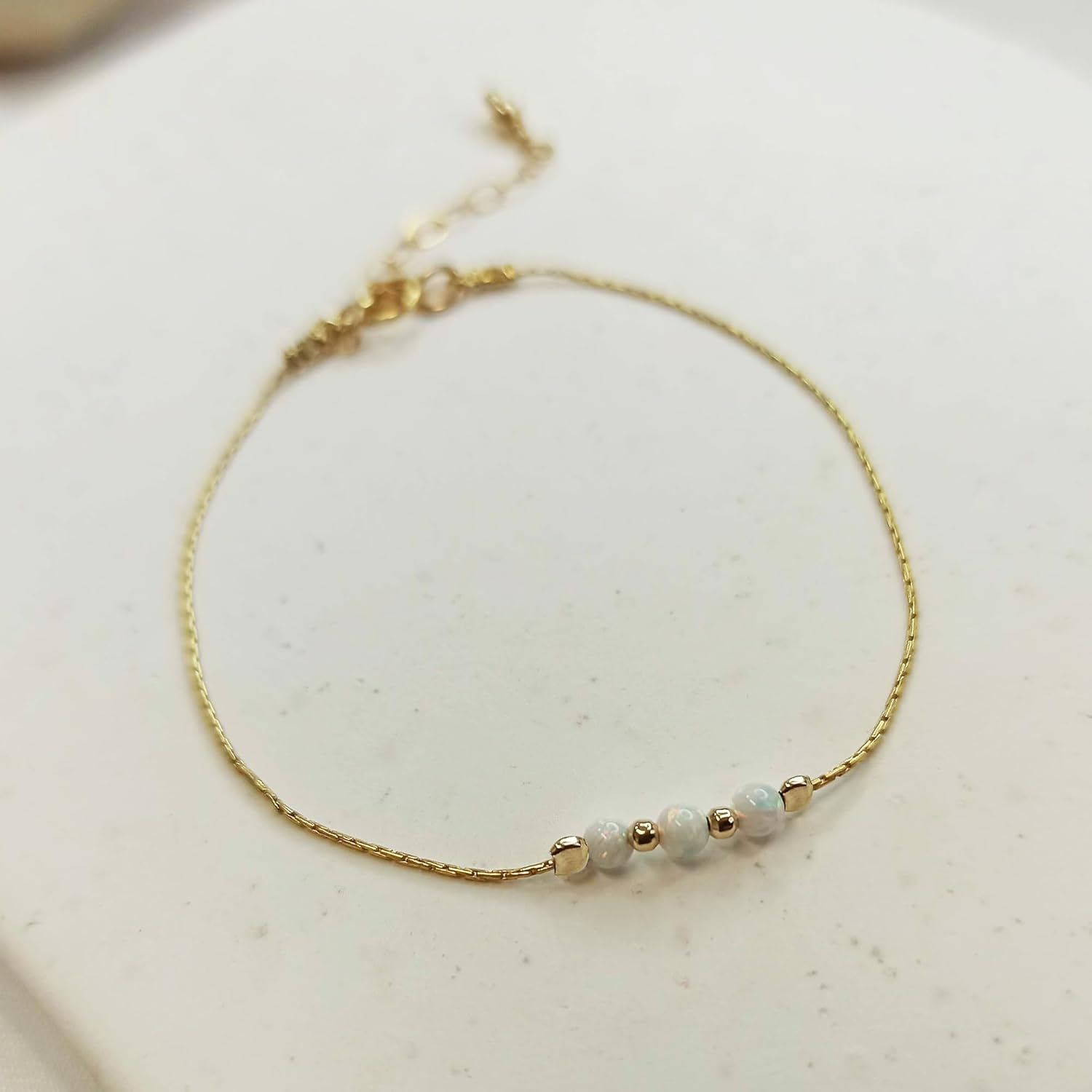 Opal Bead Bracelet - Sterling Silver or Gold Filled, Minimalist Adjustable Bracelet for Women, Dainty October Birthstone Jewelry (White or Blue, 1 Bead, 3 Beads, or Tube Style)