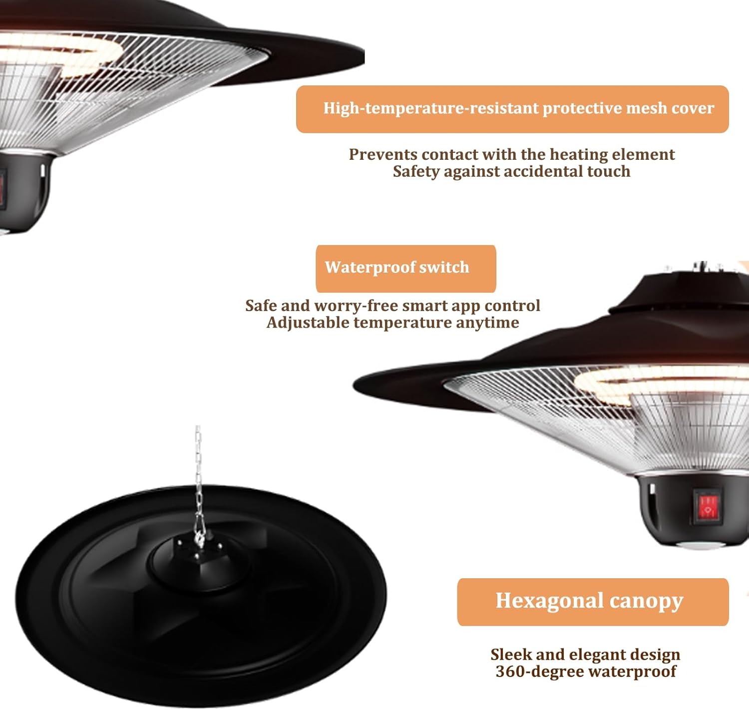 Hanging Patio Heater with LED Light,Carbon Fiber Tube Heater,with Adjustable Chain,Outdoor for Restaurant, Patio, Backyard, Garage and Decks