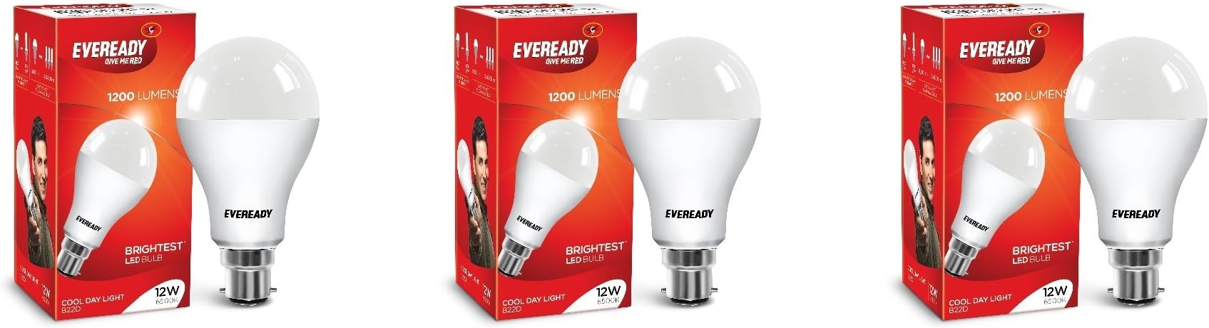 Eveready 12W LED Bulb, Cool White Day Light (6500K), E27 Base, Energy-Efficient, 4kV Surge Protection, Long-Lasting Durability, Pack of 3
