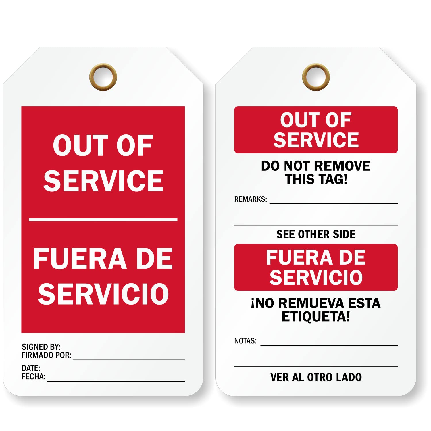 SmartSign Out of Service Bilingual 2-Sided Tag | 3.375" x 5.875" Plastic, Pack of 25, Made in USA