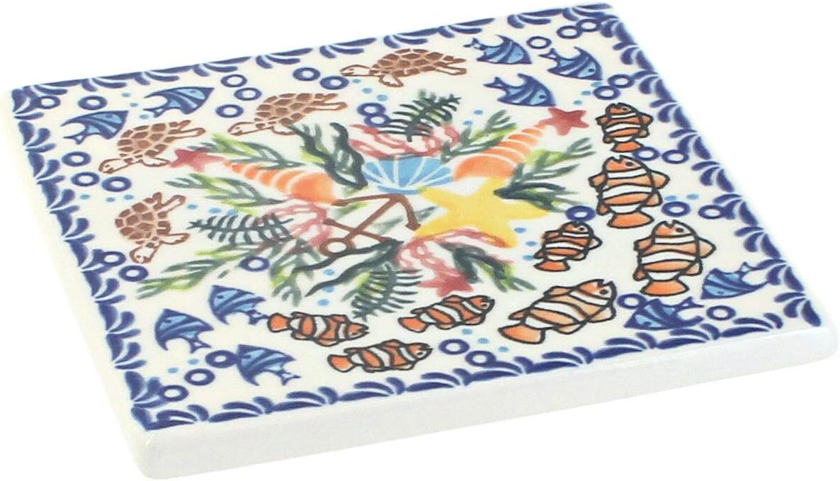 Blue Rose Polish Pottery - Blue Savannah Tile - 4.5"" Square - Ceramic Decorative Tile for Kitchen Backsplash, Trivet or Wall Art