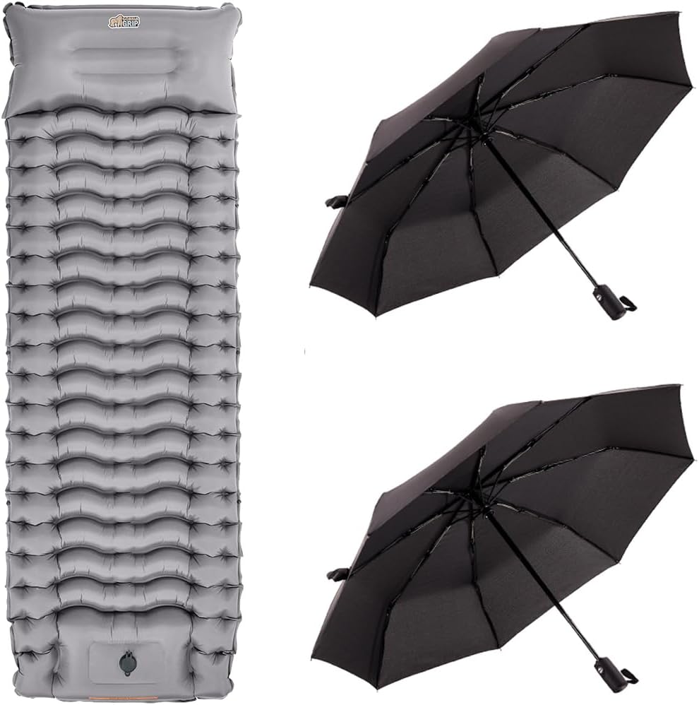 GORILLA GRIP Inflatable Sleeping Mat, Gray and Umbrella, Black Bundle
