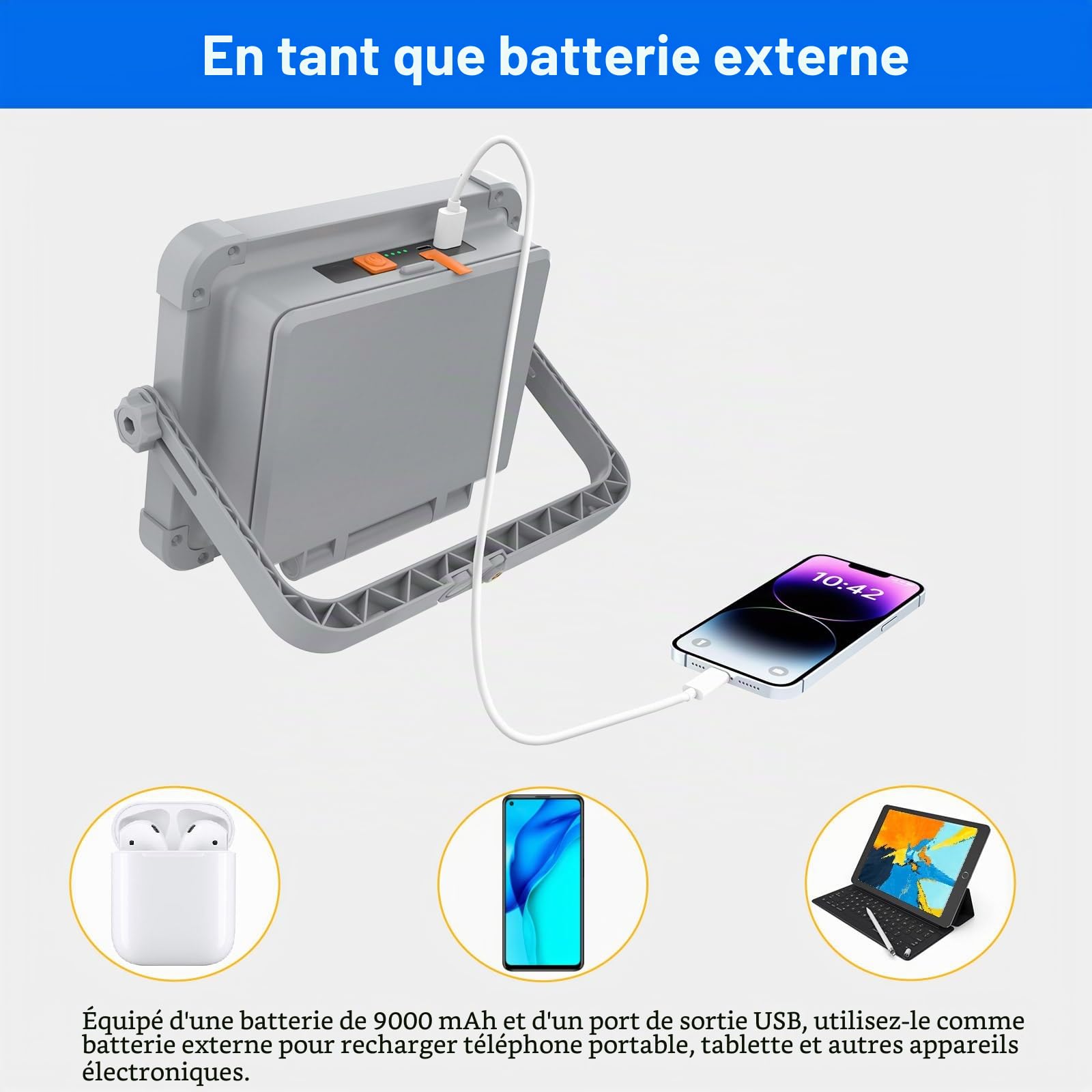 ERAY 150W Projecteur LED Rechargeable 9000mAh avec Double Panneau Solaire | 336 perles LED, 4 Modes, IP66, Projecteur LED Chantier Portable pour Garage, Camping, Atelier, Urgence, Chantier, Extérieur