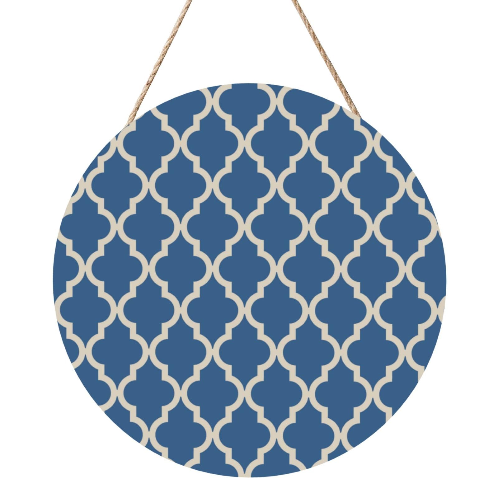 InOmak Moroccan Blue & Beige, Round Wood Panel Painting 12 in, Wall Hanging Painting For Home