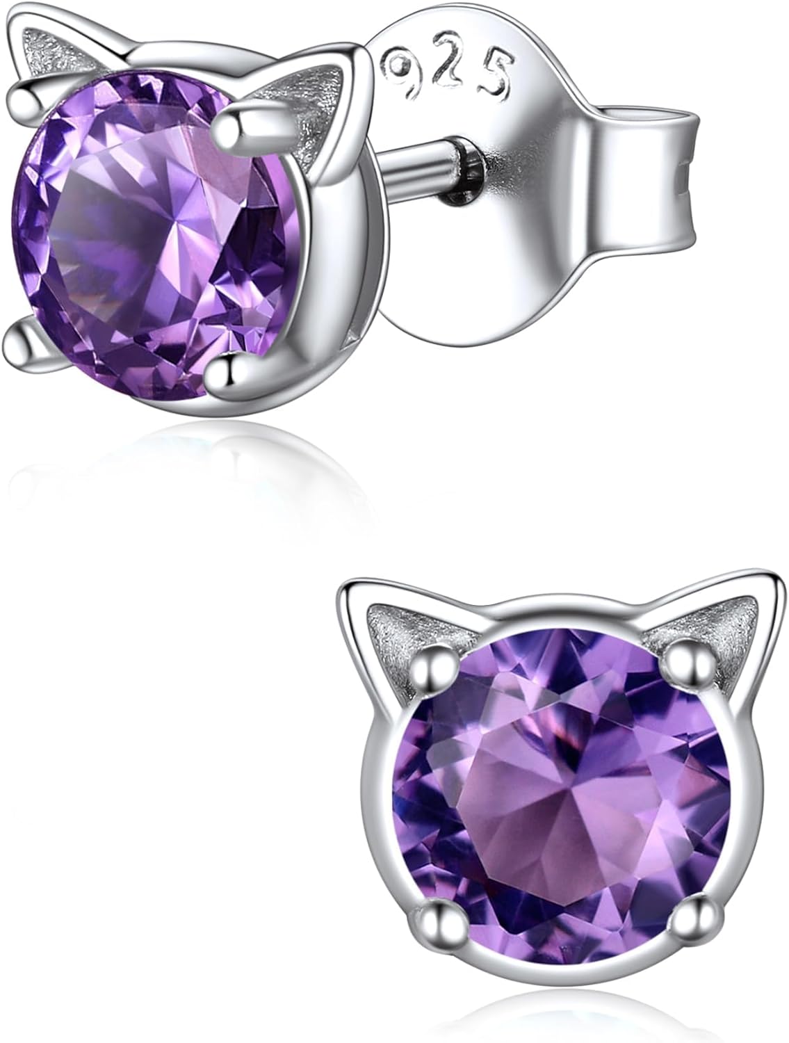 ChicSilver Cute Cat Earrings for Women - Hypoallergenic Sterling Silver Round Birthstone Cat Stud Earrings with Gift Box