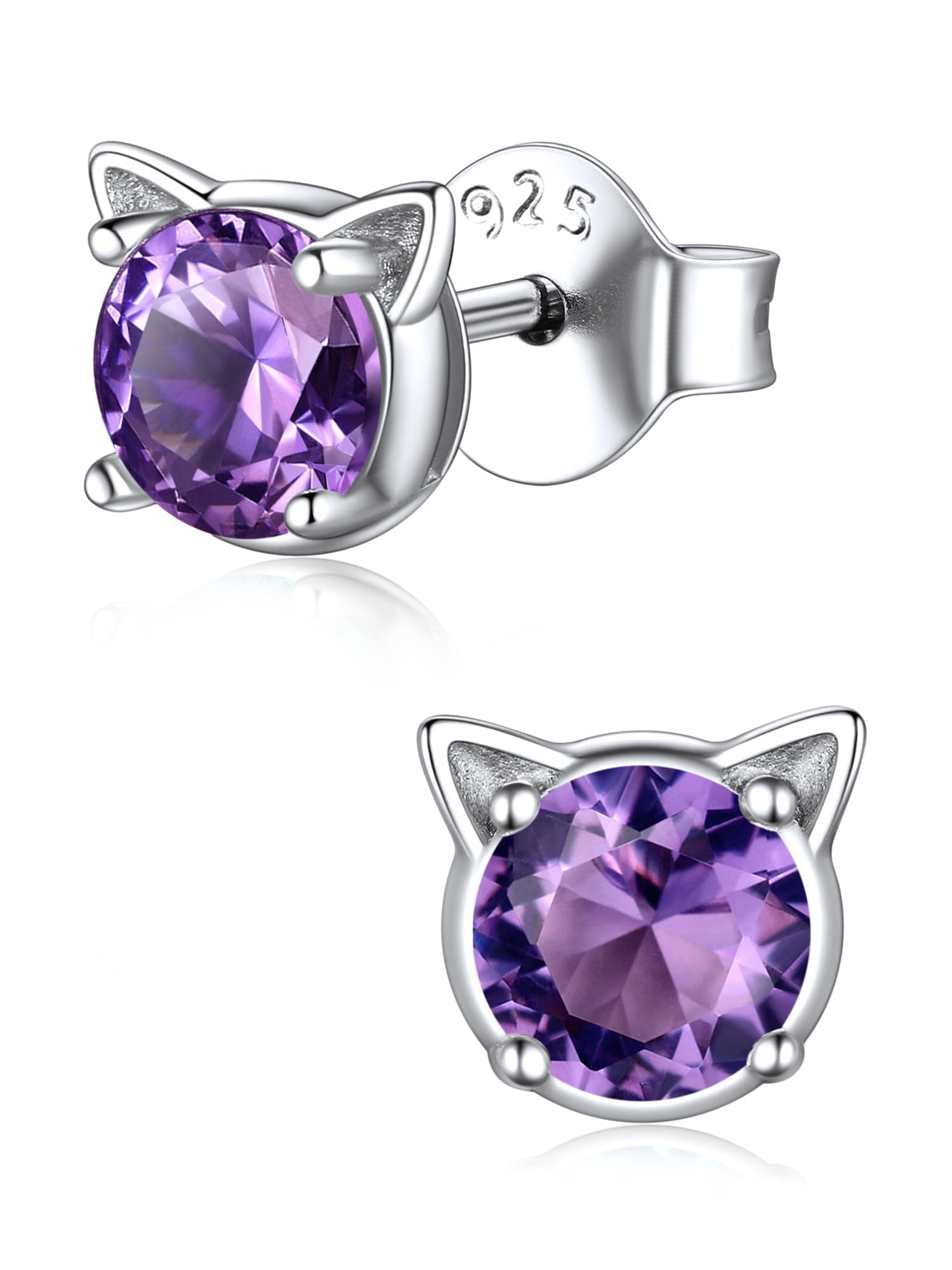 ChicSilver Cute Cat Earrings for Women - Hypoallergenic Sterling Silver Round Birthstone Cat Stud Earrings with Gift Box