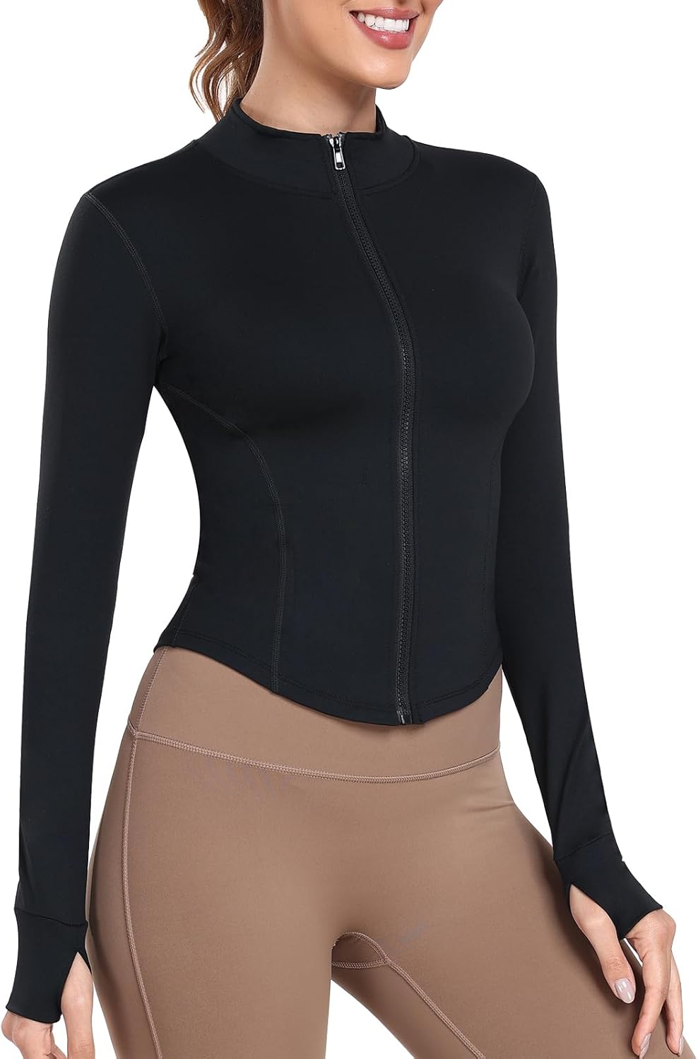 Women's Full Zip Lightweight Running Yoga Slim Fit Cropped Bbl Jacket Workout Sportwear With Thumb Holes - Image 3