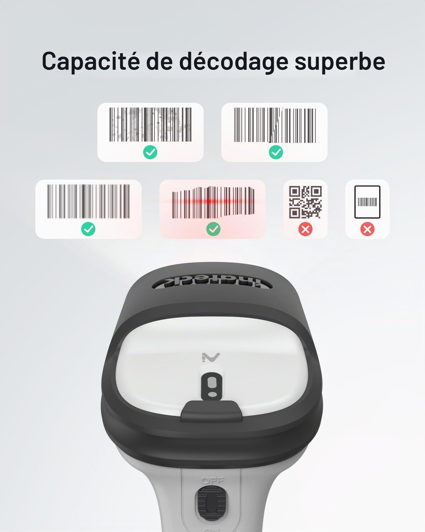 Inateck AI Lecteur Code à Barres, Barcode Scanner Bluetooth, Douchette Lecteur de Code Barre USB sans Fil 1D avec APP et SDK, 180 Jours en Veille avec Une Seule Charge, Rapide et Précise, BCST-70 AI