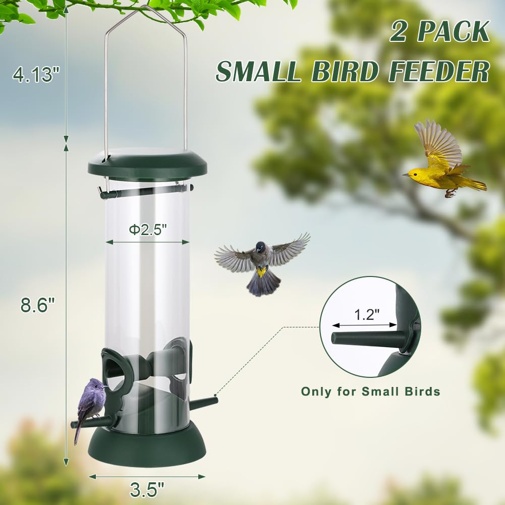 FEED GARDEN Confezione da 2 mangiatoie per uccelli da appendere all'aperto, 4 porte, in plastica rigida di alta qualità, antiruggine, coperchio e base in metallo resistente, idea regalo, 21 cm, verde