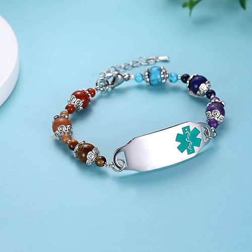 Miniatura 3 de JF.JEWELRY Pulsera de identificación de alerta médica para mujer, pulsera médica personalizada con cuentas de piedra natural, grabado gratuito