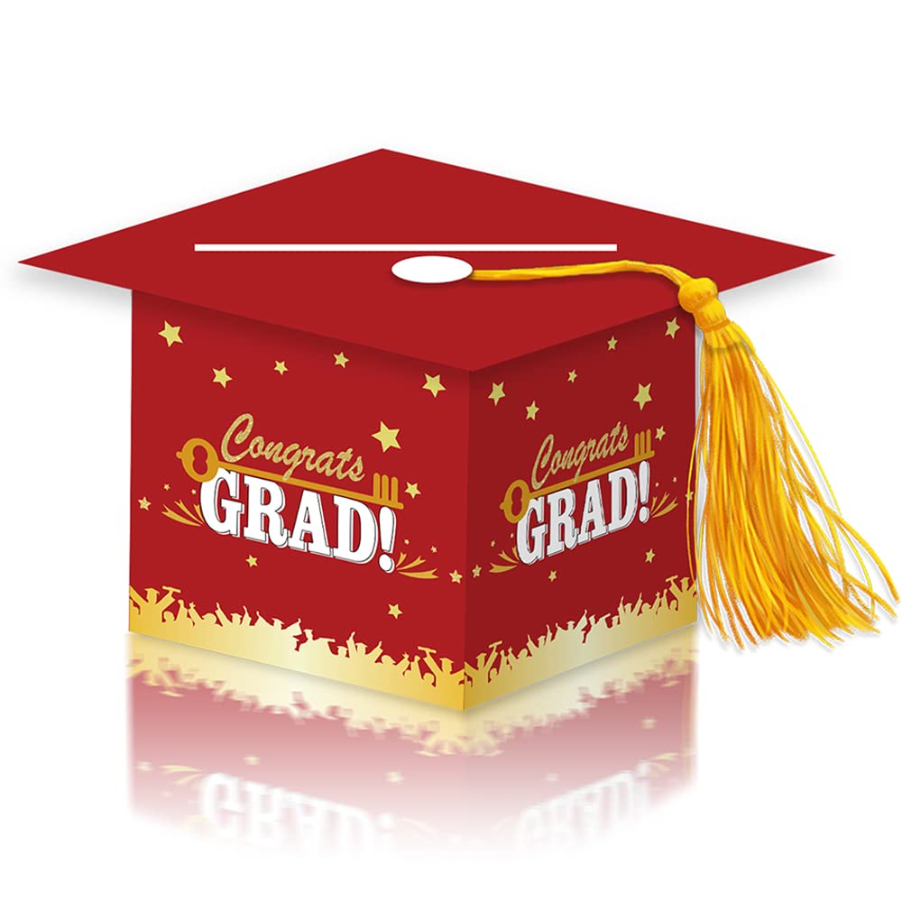 2026 Graduation Party Card Box, Red Gold Congrats Cap Card Holder Box with Tassel for 2026 Graduation Party Decoration