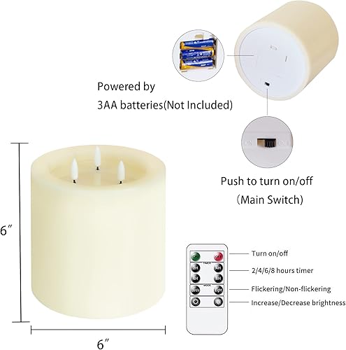Miniatura 4 de Velas de pilar sin llama grandes de 3 mechas de 6 x 6 pulgadas con control remoto y función de temporizador, velas LED parpadeantes de cera real de