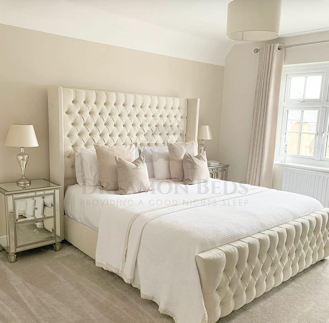 Wingback Bed Frame Double King Size Super King (Cream Plush, 5ft King Size With Mattress)