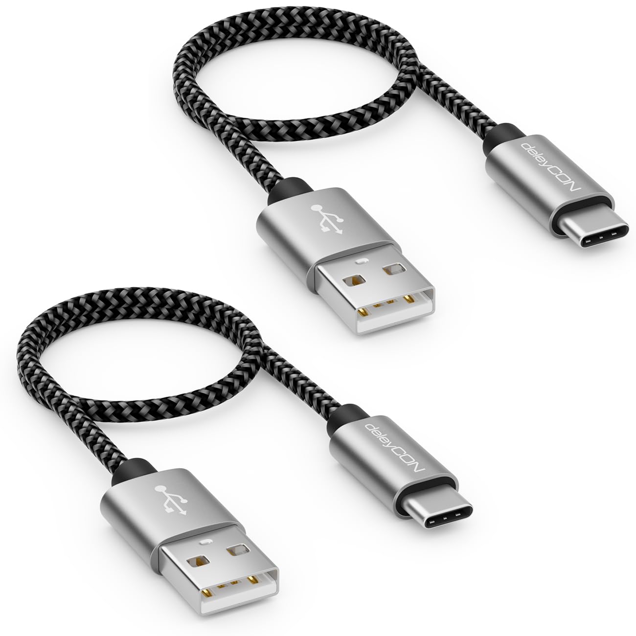 deleyCON USB-C nel SET (2 Pezzi da 0,30m) 30cm Corto Nylon Ricarica Dati USB Tipo C Connettori Metallo Ricarica & Sincronizzazione Smartphone