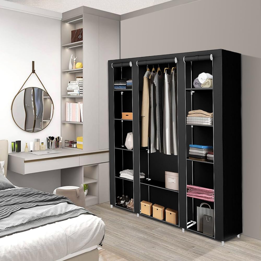 Armoire de Rangement Pliable en Tissu 175×150×45 cm – Grande Penderie 3 Portes avec Tringle Centrale, Housse Anti-Poussière, Noir