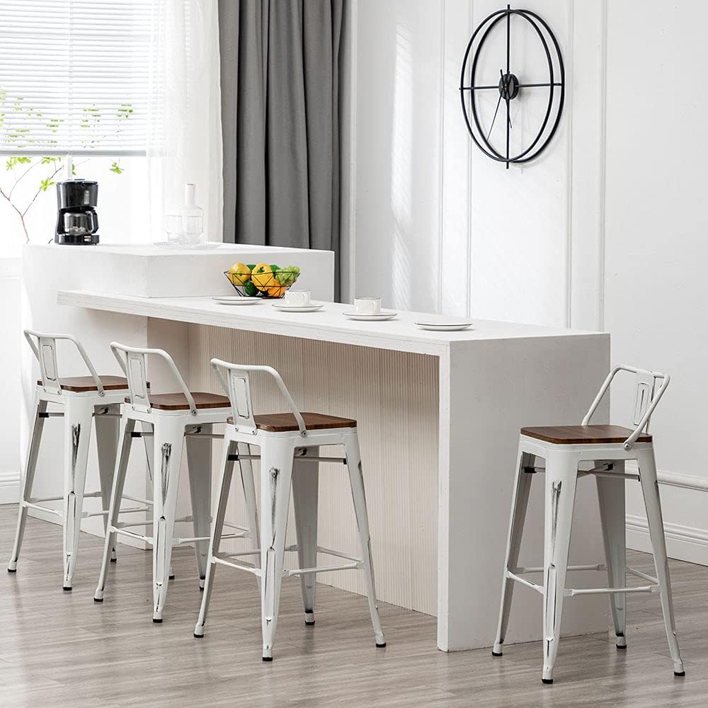 Andeworld Bar Stools Set of 4 Counter Height Stools Industrial Metal Barstools with Wooden Seats(26 Inch, Distressed White) Distressed White 26 inch Counter Height