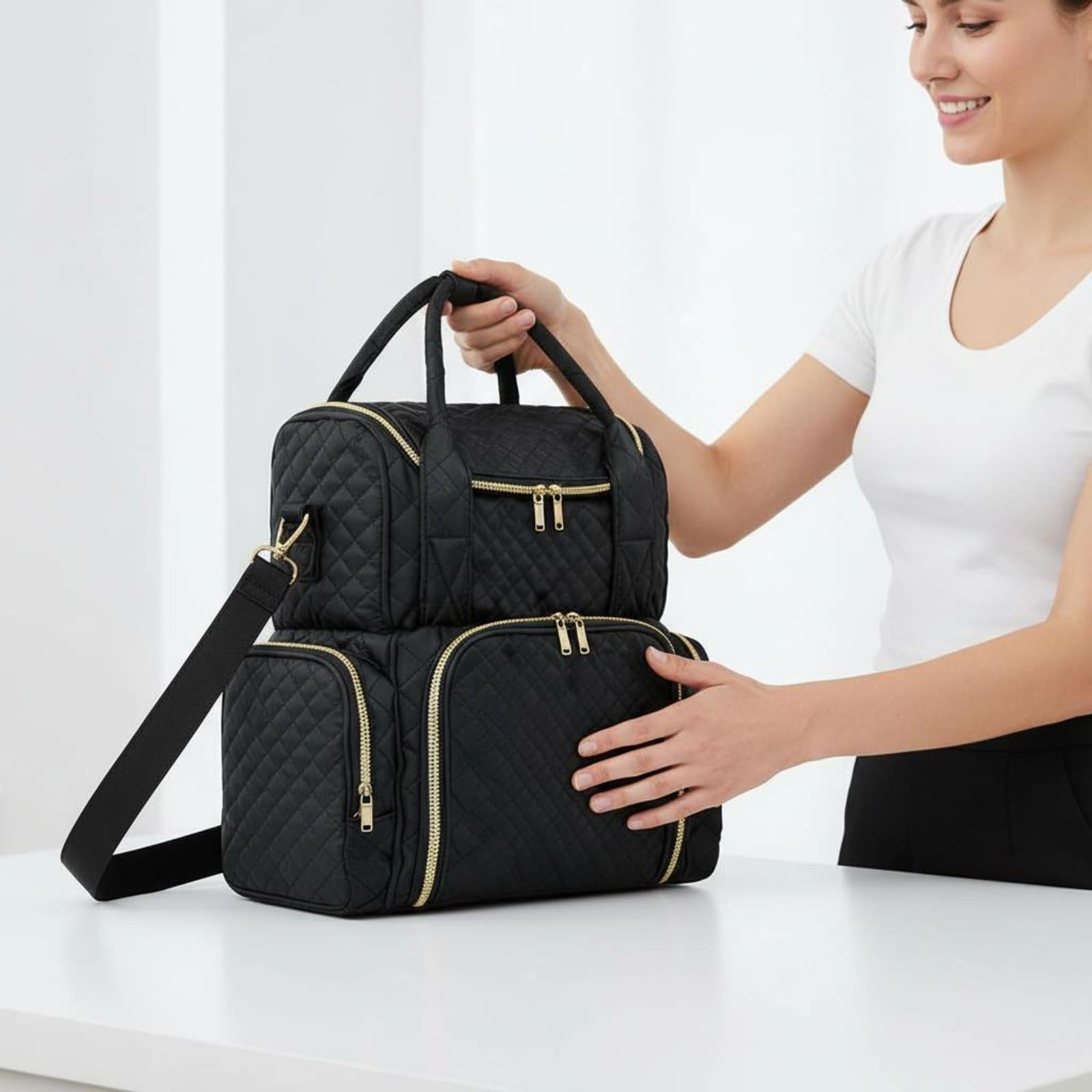 Amagogo Makeup Organizer Borsa Trucco Organizer Cosmetici Beauty Case Portatile Borsa da Toilette in Poliestere Trapuntato con per Pennelli E Smalti a Doppio, Array, Rosa