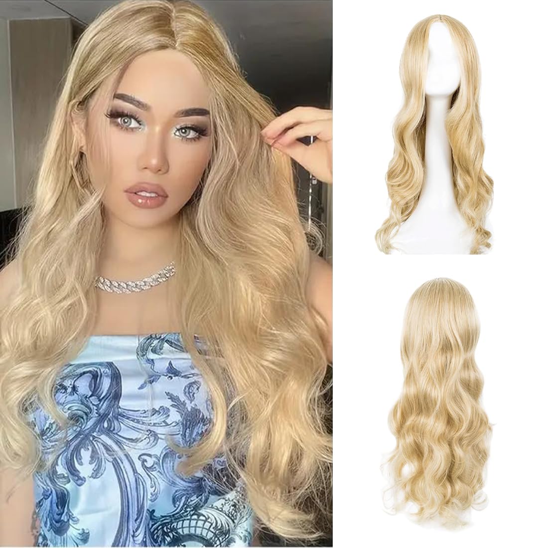 AOWVUTS Long Wave Wigs for Women Natuaral Synthetic Hair Heat Resistant Wig Ladies Fancy Dress Wig Charming Long Curly Hair Wigs Middle Part with No Bangs for Daily Party Cosplay Use