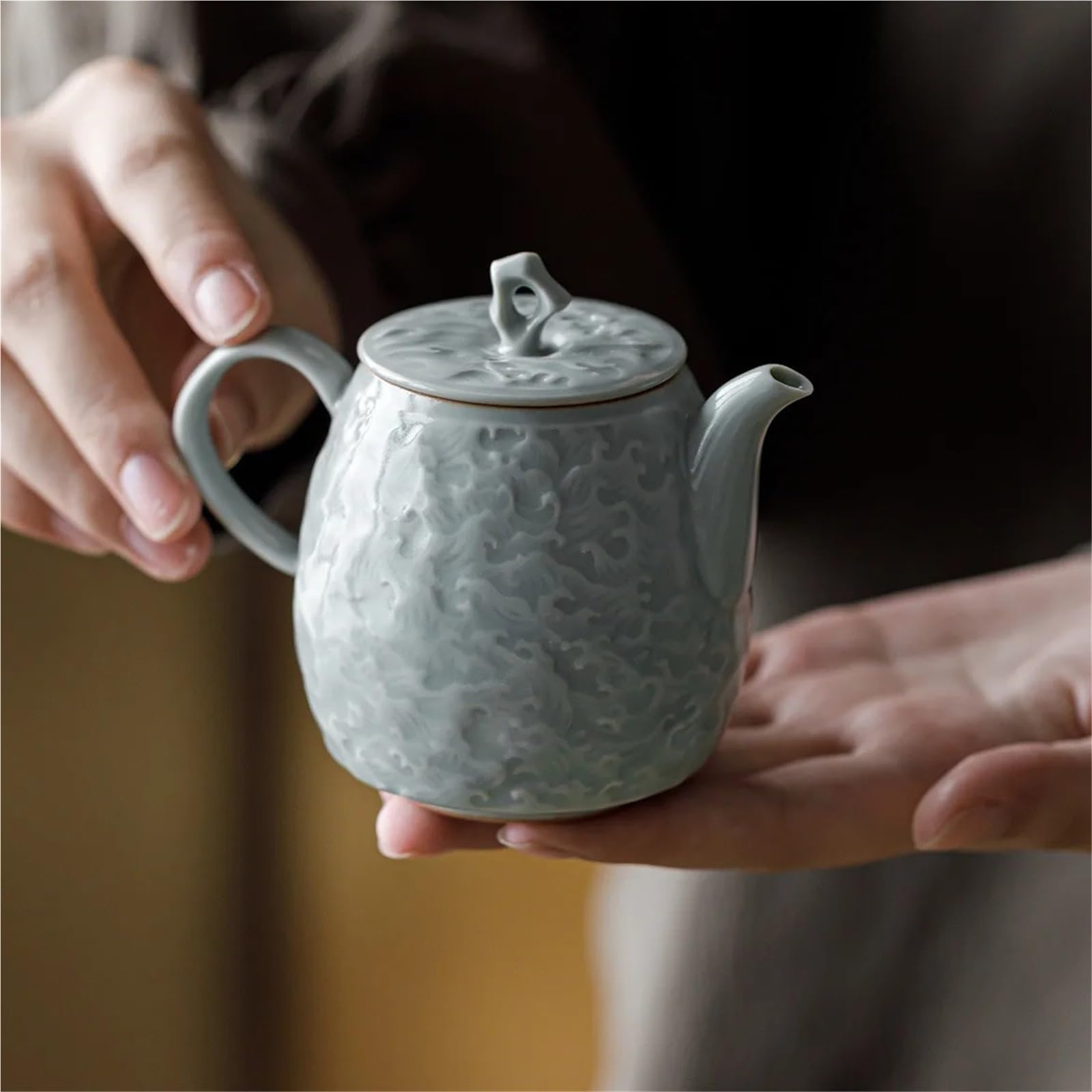 Theiere Théière en céramique bleu ciel Ru Kiln Relief avec filtre, infuseur à thé, théière en porcelaine