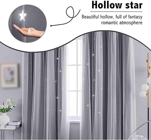 Miniatura 6 de Anytime Cortina romántica para niños, cortina opaca de doble capa con estrellas huecas para habitación de niñas, habitación de los niños, 2 paneles,