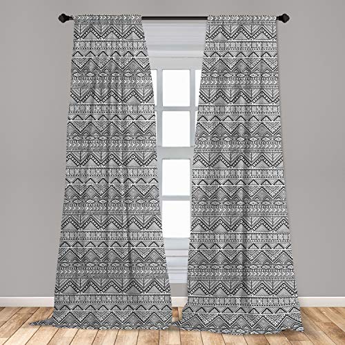 Lunarable Tribal Window Curtains, Monochrome Doodle Style Chevron Style Pattern Herringbone Design Arrow, Lightweight Decor 2-Panel Set With Rod Pocket, Pair Of - 28" X 84", Black Grey #TOP7