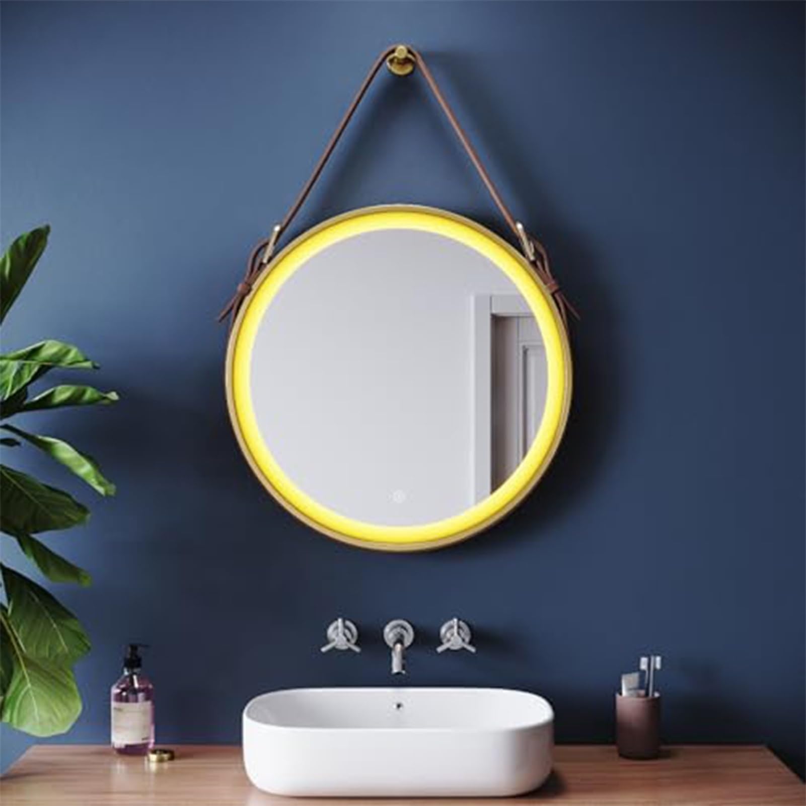 QICBYING LED Illuminated Bathroom Mirror, Wall Mounted Hanging Vanity Makeup Mirror With Leather Strap, Round LED Bathroom Mirrors, Dimmable 3 Color Temperatures, Anti-Fog, Memory Function