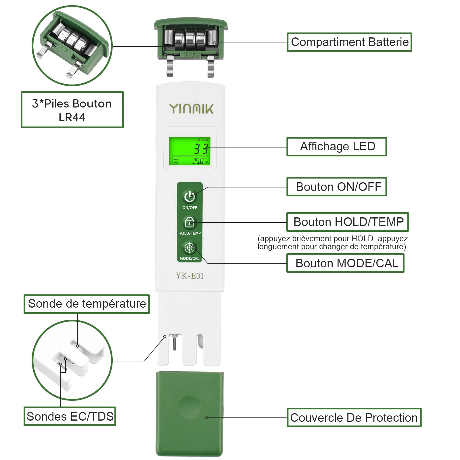 YINMIK pH Mètre et Testeur TDS Numérique, Testeur pH Piscine Électronique | Testeur pH Mesure pH TDS EC Température, Affichage Horizontal, Pour Piscine SPA Aquarium, Eau Potable, Hydroponique