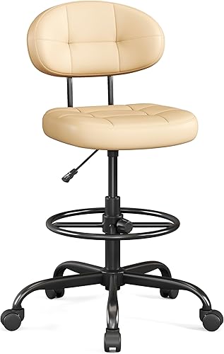 Misolant Silla de dibujo sin brazos, silla de oficina alta con anillo reposapiés para escritorio de pie, pequeña silla de oficina ejecutiva de piel