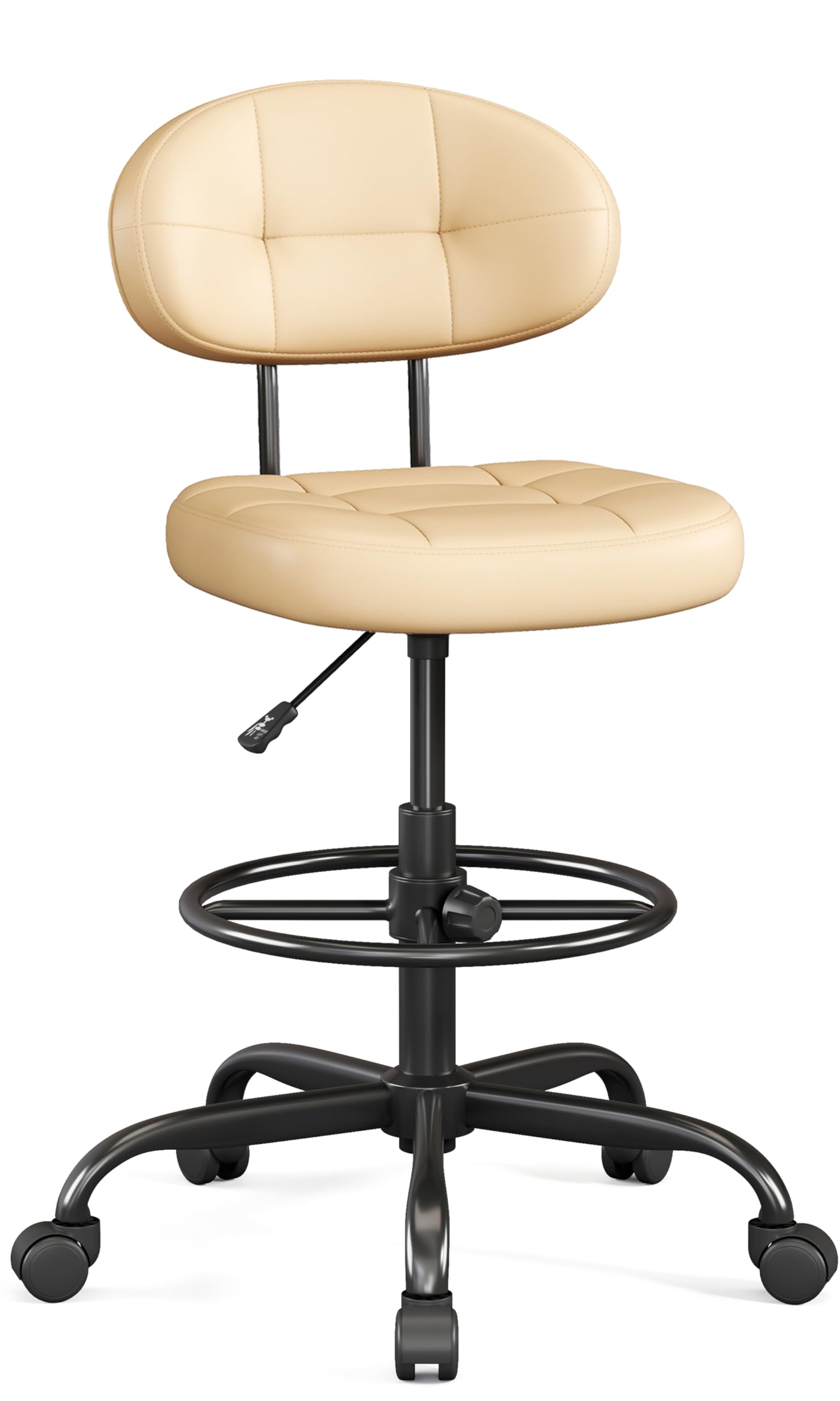 Misolant Drafting Chair Without Arms, Tall Office Chair with Footrest Ring for Standing Desk, Small Faux Leather Executive Office Chair with Adjustable Height for Bar Lab Counter Height Desk, Khaki